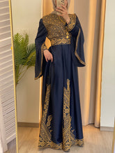 Flowy and Glamorous Navy Blue and Golden Satin Dress with Rhinestones