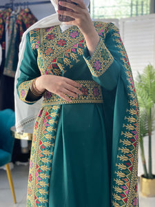 Elegant Green Shoulder Details Embroidered Dress