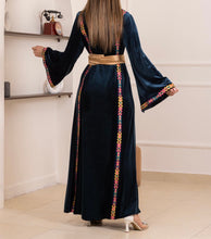 Blue Velvet Elegance Stripes Embroidered Dress with Satin Belt