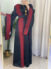 Black Satin Abaya Dress with Red Embroidery and Wide Sleeves