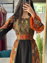 Black Palestinian Embroidered Thobe with Green and Orange Embroidery and Satin