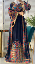 Sparkling Palestinian Embroidered Navy and Golden Thobe Dress with Satin Details