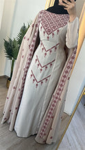 NAJMA Very Unique Beige Dress with Red and Pink Embroidery and Flowy Shoulder Drapess