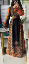 Black Palestinian Embroidered Thobe with Green and Orange Embroidery and Satin