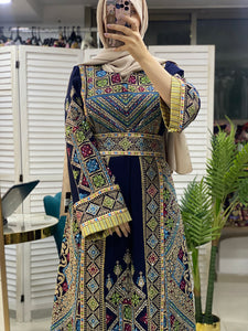 Full of Details Navy Palestinian Embroidered Thobe Dress with Kashmir Details