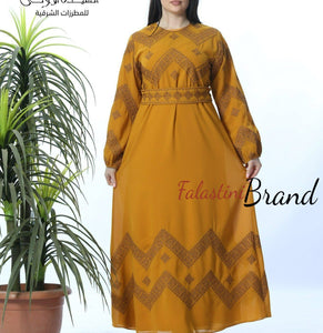 Stylish Mustard Thobe Embroidered Palestinian Dress