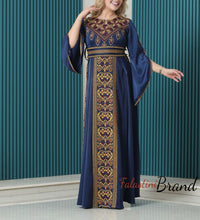 Gorgeous Navy Satin Dress With Golden Embroidery