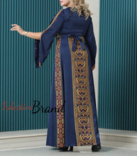 Gorgeous Navy Satin Dress With Golden Embroidery