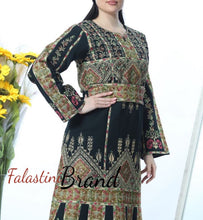 Amazing Dark Green Palestinian Thobe Dress With Astonishing Golden Embroidery And Satin Details