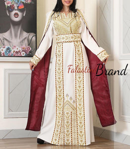 Stunning White And Gold Royal Sleeve Palestinian Embroidered Dress