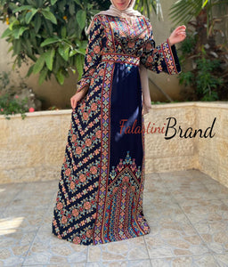 Amazing Dark Navy Multi Color Palestinian Embroidered Thobe Dress With Astonishing Embroidery