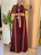 Karmel Burgundy Embroidered Thob Dress with Satin Sleeves Details