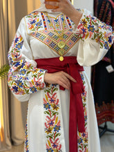 White Satin Flowy Thob Dress With Colorful Gorgeous Embroidery