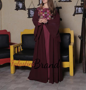 Burgundy Floral Embroidered 2 Pieces Dress