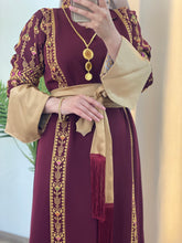 Karmel Burgundy Embroidered Thob Dress with Satin Sleeves Details