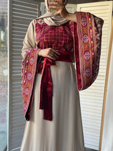 Very Unique Radan Sleeves Beige and Burgundy Thobe with Dense Embroidery and Satin Details