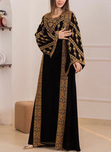 Rawnaq Black With Golden Dress and Abaya Set with Palestinian Embroidery