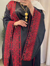 Black Satin Abaya Dress with Red Embroidery and Wide Sleeves