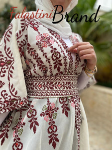 White & Red Embroidered Open Abaya/Bisht