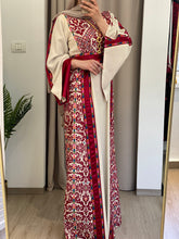 Rahaf Most Elegant Beige and Red Embroidered Thob with Satin and Manajil Details
