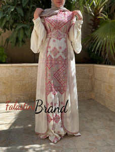 Stylish Mermaid White Palestinian Embroidered Dress with Skirt Side Details