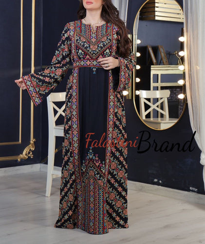 Amazing Dark Navy Multi Color Palestinian Embroidered Thobe Dress With Astonishing Embroidery