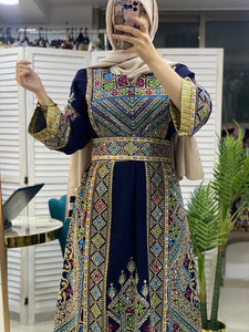 Full of Details Navy Palestinian Embroidered Thobe Dress with Kashmir Details