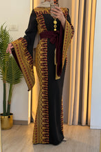 Horeya Black and Burgundy Thob Dress with Golden Embroidery
