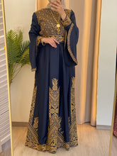 Flowy and Glamorous Navy Blue and Golden Satin Dress with Rhinestones