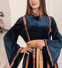 Blue Velvet Elegance Stripes Embroidered Dress with Satin Belt