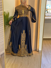 Flowy and Glamorous Navy Blue and Golden Satin Dress with Rhinestones