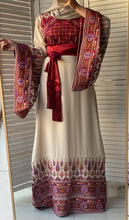 Very Unique Radan Sleeves Beige and Burgundy Thobe with Dense Embroidery and Satin Details