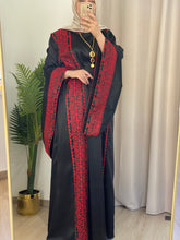 Black Satin Abaya Dress with Red Embroidery and Wide Sleeves