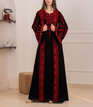 Rawnaq Black With Red Dress and Abaya Set with Palestinian Embroidery