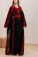 Rawnaq Black With Red Dress and Abaya Set with Palestinian Embroidery