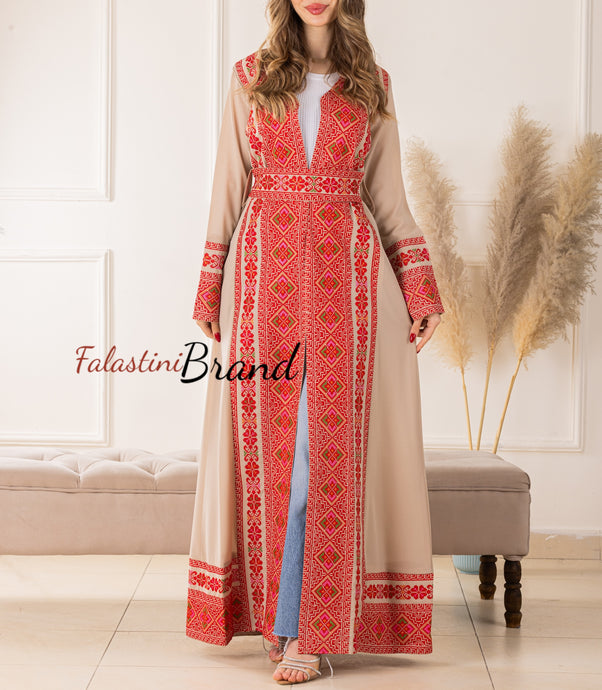 Elegant Palestinian Beige Chiffon Embroidered Open Abaya Kaftan Long Sleeve With Stylish Embroidery