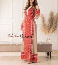 Elegant Palestinian Beige Chiffon Embroidered Open Abaya Kaftan Long Sleeve With Stylish Embroidery