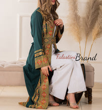 Elegant Palestinian Green Chiffon Embroidered Open Abaya Kaftan Long Sleeve With Stylish Embroidery