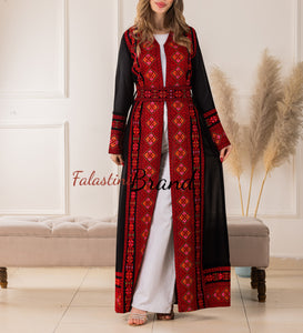 Elegant Palestinian Black Chiffon Embroidered Open Abaya Kaftan Long Sleeve With Stylish Embroidery