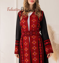 Elegant Palestinian Black Chiffon Embroidered Open Abaya Kaftan Long Sleeve With Stylish Embroidery