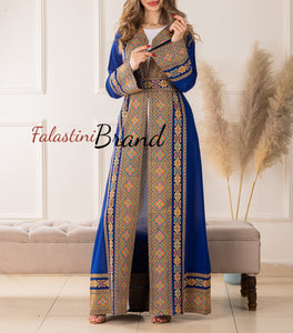 Elegant Palestinian Blue Chiffon Embroidered Open Abaya Kaftan Long Sleeve With Stylish Embroidery