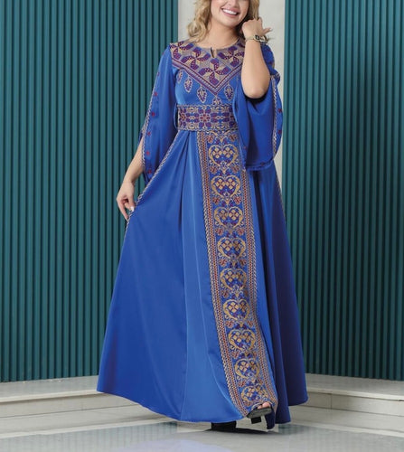 Gorgeous Blue Satin  Dress With Golden Embroidery