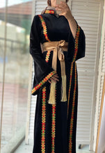 Black Velvet Elegance Stripes Embroidered Dress with Satin Belt