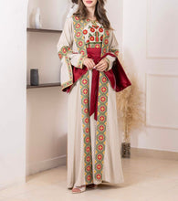 Haya Beige Dress and Abaya Set with Palestinian Floral Embroidery