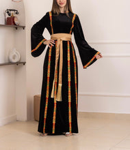 Black Velvet Elegance Stripes Embroidered Dress with Satin Belt