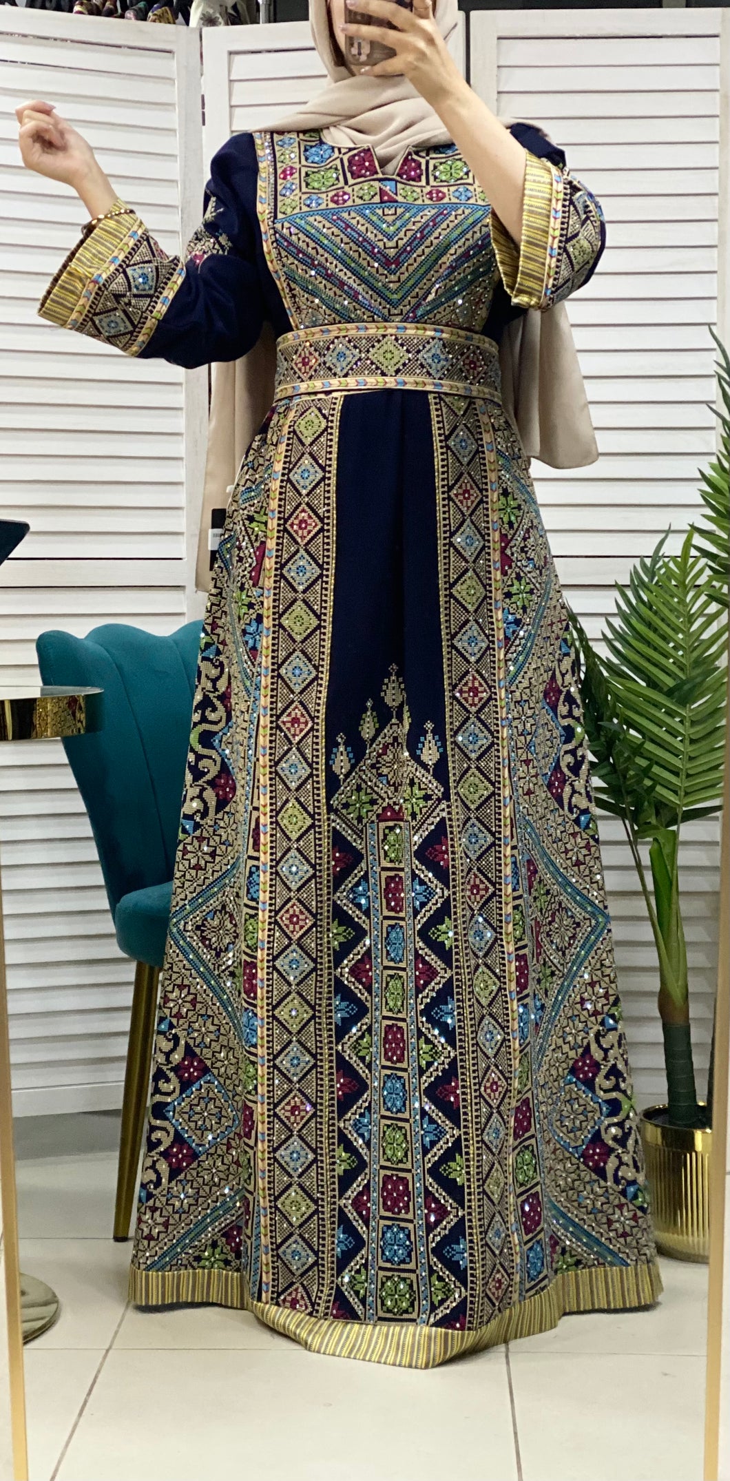 Full of Details Navy Palestinian Embroidered Thobe Dress with Kashmir Details