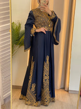Flowy and Glamorous Navy Blue and Golden Satin Dress with Rhinestones