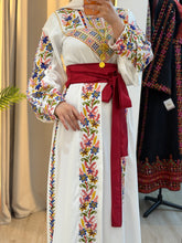 White Satin Flowy Thob Dress With Colorful Gorgeous Embroidery