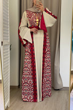 Rahaf Most Elegant Beige and Red Embroidered Thob with Satin and Manajil Details