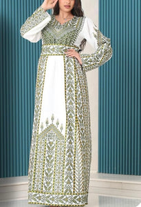 Fabulous Palestinian Embroidered White Thobe Dress with Green Densed Amazing Embroidery